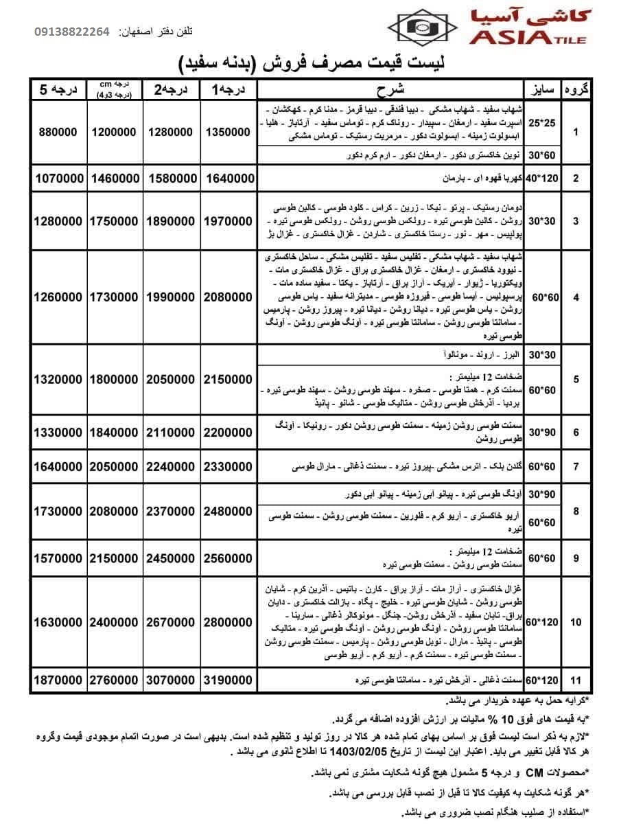 لیست قیمت کاشی آسیا اصفهان برای اطلاع از قیمت ها در اختیار شما شما مشتریان گرامی کاشی آسیا اصفهان قرار می گیرد. جهت دریافت آخرین درصد تخفیف از لیست با واحد فروش گروه بازرگانی سئوسرام (نمایندگی کاشی آسیا اصفهان) با شماره 09138822264 تماس حاصل نمایید.