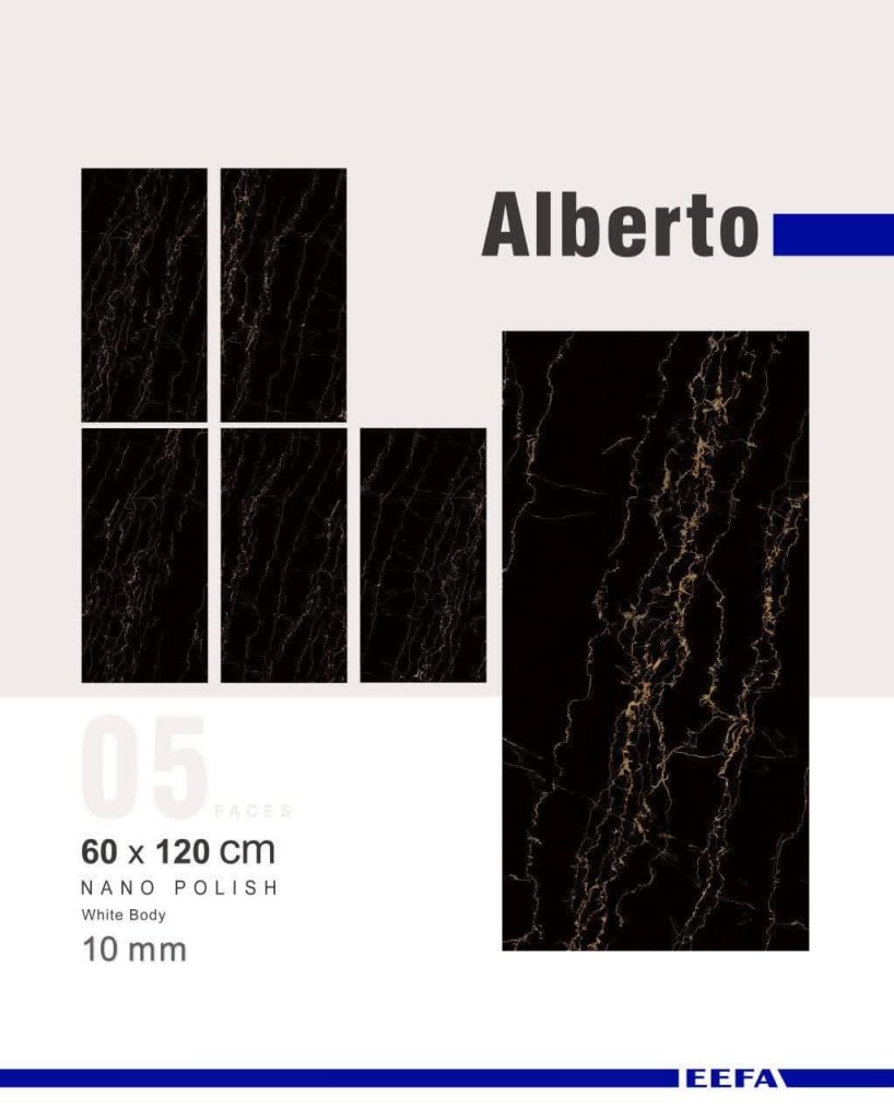 سرامیک آلبرتو کاشی ایفاسرام تولید شده در سایز 120×60 با لعاب نانوپولیش و ضخامت 10-12 میلیمتر یکی از طرح های زیبای کاشی های تولیدی شرکت کاشی ایفاسرام اردکان می باشد.این سرامیک از جنس خاک سفید با دوام بوده و لعاب آن از جنس لعاب های نانوپولیش با شفافیت بالا می باشد.