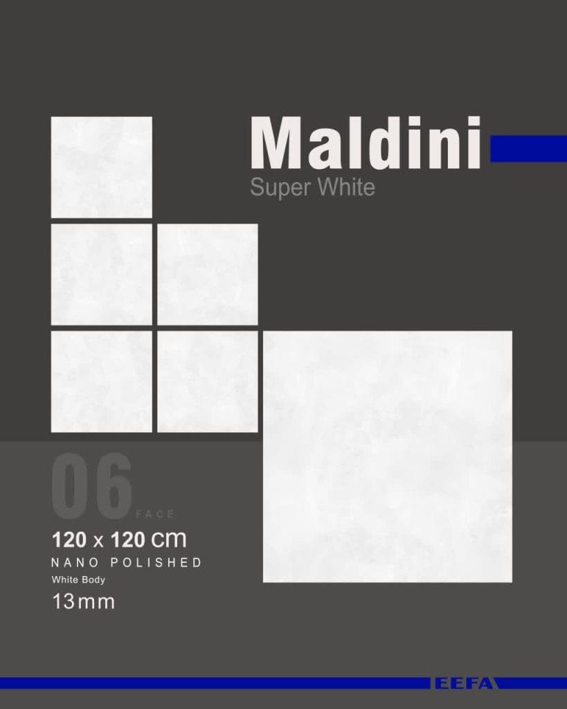 سرامیک پرسلان مالدینی کاشی ایفاسرام تولید شده در سایز 120×120 با لعاب نانوپولیش و ضخامت 13 میلیمتر، یکی از چشمگیر ترین اسلب های تولید شده این کارخانه استاندارد و به روز می باشد. از ویژگی های بارز این محصول میتوان به جنس پرسلان با استحکام بالا، جذب آب فوق العاده پایین(نزدیک به صفر)، مقاومت در برابر لکه ها و ... اشاره کرد، که این محصول رو تبدیل به یک انتخاب منحصر به فرد برای سلایق خاص تبدیل میکند.