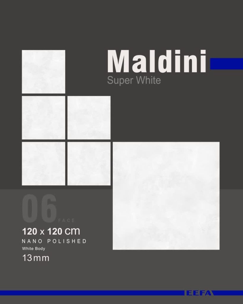 سرامیک پرسلان مالدینی کاشی ایفاسرام تولید شده در سایز 120×120 با لعاب نانوپولیش و ضخامت 13 میلیمتر، یکی از چشمگیر ترین اسلب های تولید شده این کارخانه استاندارد و به روز می باشد. از ویژگی های بارز این محصول میتوان به جنس پرسلان با استحکام بالا، جذب آب فوق العاده پایین(نزدیک به صفر)، مقاومت در برابر لکه ها و ... اشاره کرد، که این محصول رو تبدیل به یک انتخاب منحصر به فرد برای سلایق خاص تبدیل میکند.