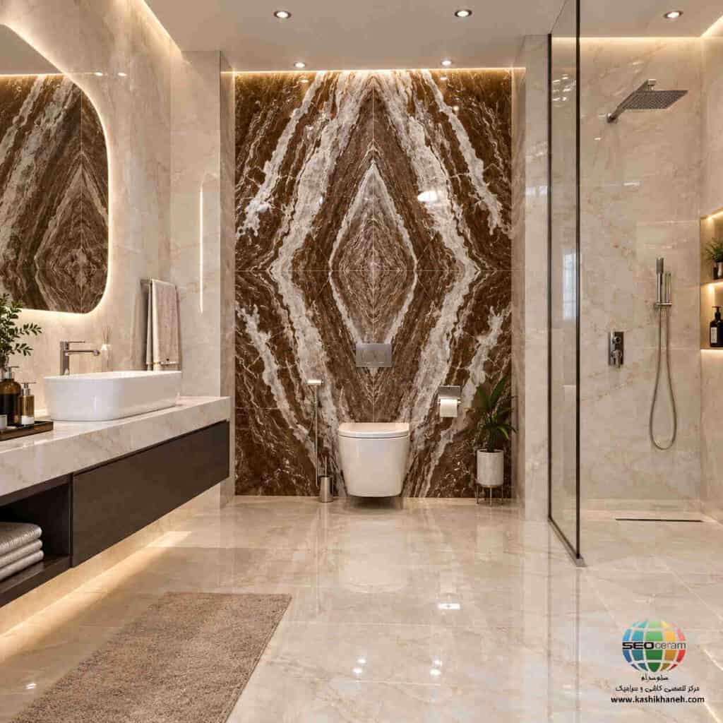 سرامیک خاک قرمز آراگون تیره براق ماهان سرام | 120×60 سرامیک خاک قرمز آراگون تیره براق ماهان سرام یکی از مدلهایی است که به دلیل طرح سنگی خاص و قابلیت اجرای بوک مچ، میتواند در طراحی فضاهای لوکس و مدرن مورد توجه قرار بگیرد. سرامیک خاک قرمز آراگون تیره براق ماهان سرام در ابعاد 120×60 سانتیمتر ارائه شده و ظاهر آن ترکیبی از طیفهای قهوهای، خاکی، سفید و رگههای طبیعی است. تضاد میان قسمتهای تیره و روشن باعث شده سطح محصول از حالت یکنواخت خارج شود و جلوهای نزدیک به سنگهای طبیعی با رگههای پرتحرک داشته باشد. ویژگی مهم سرامیک خاک قرمز آراگون تیره براق ماهان سرام، بوک مچ بودن آن است. در اجرای بوک مچ، دو یا چند قطعه سرامیک در کنار یکدیگر قرار میگیرند تا رگهها و نقوش آنها در امتداد یکدیگر قرار گرفته و یک تصویر بزرگتر و پیوسته روی دیوار ایجاد شود. به همین دلیل، سرامیک خاک قرمز آراگون تیره براق ماهان سرام را میتوان گزینهای مناسب برای ایجاد دیوار شاخص در لابی ساختمان، فروشگاه، فضای تجاری، سرویس بهداشتی، حمام و سایر فضاهای دکوراتیو دانست. انتخاب یک سرامیک مناسب برای دیوارهای دکوراتیو، فقط به رنگ و کیفیت سطح محدود نمیشود. زمانی که هدف ایجاد یک دیوار شاخص و متفاوت باشد، طرح، جهت قرارگیری رگهها، ابعاد قطعات و نحوه اجرای آن اهمیت بسیار بیشتری پیدا میکند.